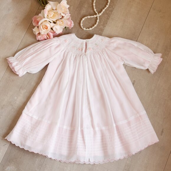 Smocked Dress Long Sleeve Bishop White Pink Embroidery Will'beth 18/24 Months - Picture 2 of 7